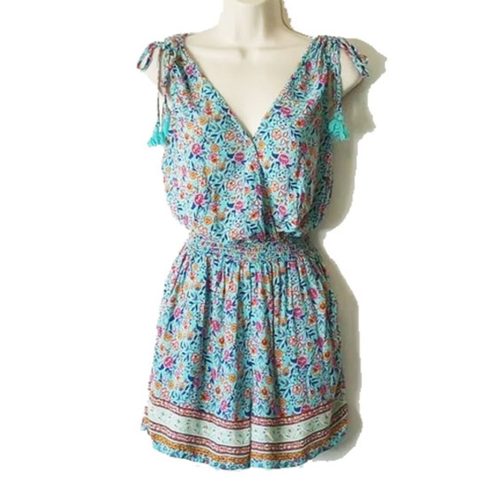 *50off3* Bebop Tassel Tie Smocked-Waist Romper M Aqua Blue Pink Golden Tones